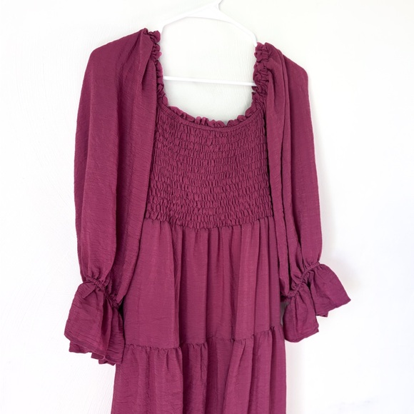 &Merci Smocked Midi Dress Ruffle Bow Square Neck Puff Sleeve Dark Mauve - Picture 3 of 8